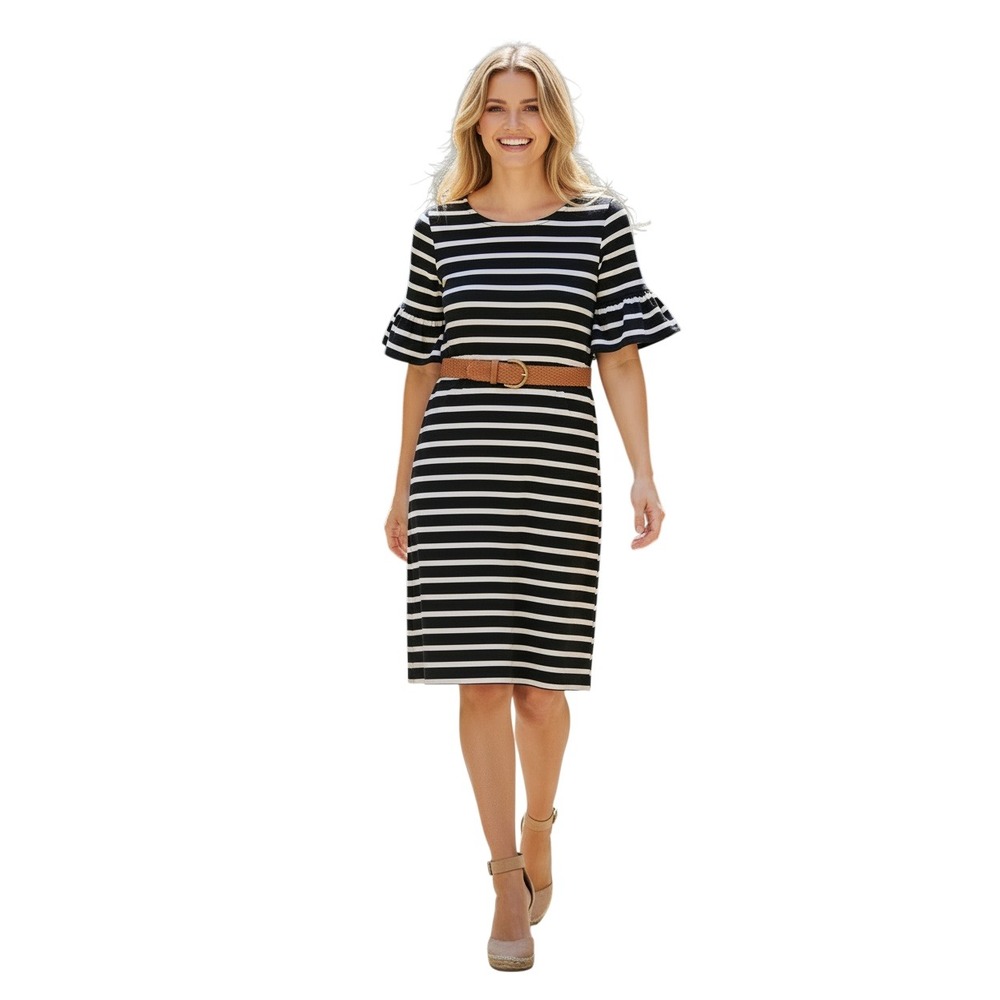 J.Crew NWT Nautical Stripe Dress Ruffle Slve Boat Neck Cotton Black White S $138
